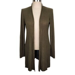 EILEEN‎ FISHER Ribbed Knit Long Cardigan Olive Green Merino Wool Blend M Luxury